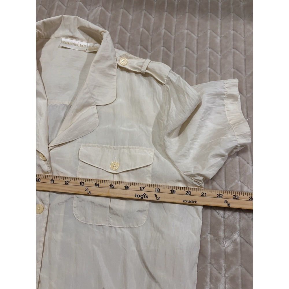 VTG 100% Silk Safari Shirt Sz 12 Cream Short Sleeve Gorpcore Utilitarian Blouse - Picture 9 of 14